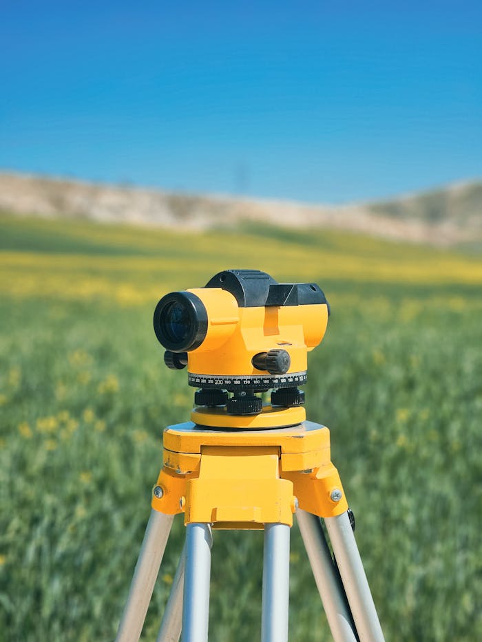 hero-contact A surveyor tripod with a yellow level in a green countryside field under a clear blue sky.